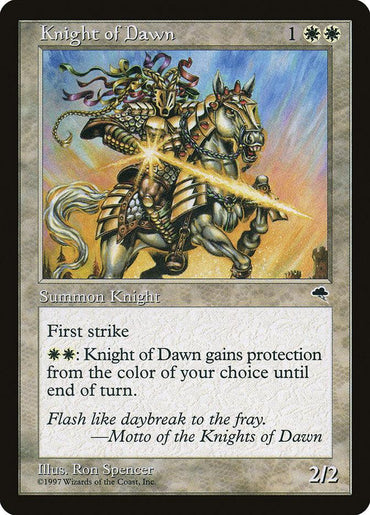 The "Knight of Dawn [Tempest]" is a Human Knight creature card from Magic: The Gathering, depicting an armored knight astride a white horse, wielding a glowing sword. Set against cloudy skies with dramatic lighting and the horse rearing up, it boasts first strike and protection abilities and includes evocative flavor text beneath the illustration.