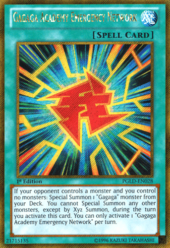 A "Yu-Gi-Oh!" spell card titled "Gagaga Academy Emergency Network [PGLD-EN028] Gold Secret Rare." The card features a red kanji character in the center with multi-colored rays emanating from it against a dark background. Ideal for facilitating Xyz Summon of your Gagaga monsters, the card border is green, with a description at the bottom and various serial and edition numbers.