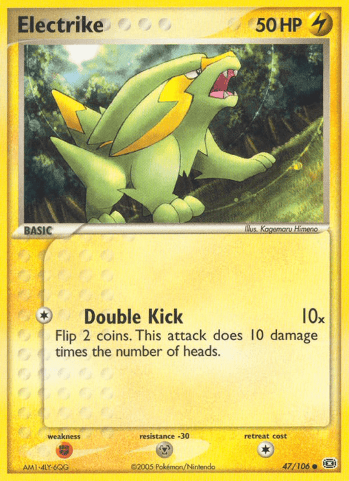 A Pokémon Electrike (47/106) [EX: Emerald]. This common card has 50 HP and is an electric-type Pokémon. Its attack, Double Kick, allows the player to flip 2 coins, dealing 10 damage per heads. From the 2005 Pokémon/Nintendo Emerald series, it boasts an illustration by Kagemaru Himeno.