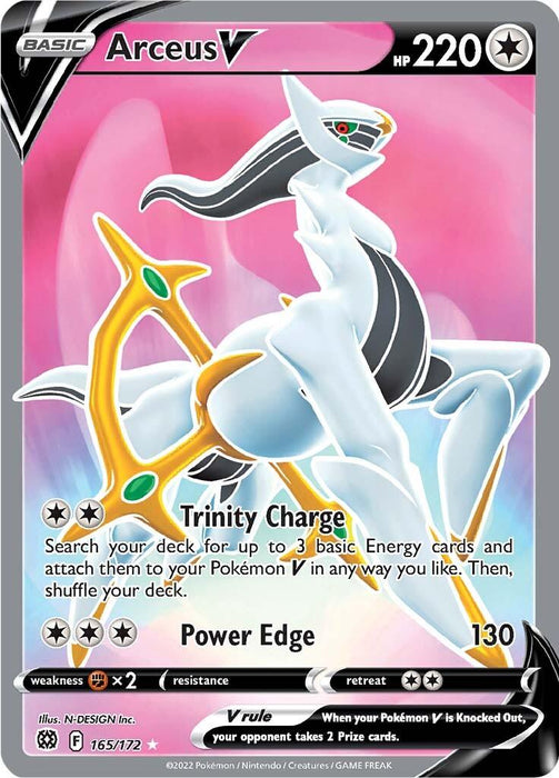 A Pokémon Arceus V (165/172) [Sword & Shield: Brilliant Stars] trading card featuring Arceus V from the Sword & Shield: Brilliant Stars series. Arceus is depicted as a white, quadrupedal creature with gray details and a golden wheel-like structure around its body. The card, an Ultra Rare edition, has 220 HP, with moves "Trinity Charge" and "Power Edge." The pink background adds a vibrant contrast.