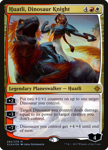 The image shows a Magic: The Gathering card titled "Huatli, Dinosaur Knight [Ixalan]," a mythic rarity Legendary Planeswalker. It features Huatli riding a dinosaur with ability boxes below the art and requires 4 mana (red and white). The loyalty number is 4, located at the bottom right.