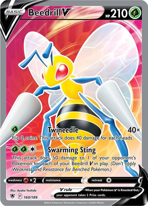 The image shows a Beedrill V (160/189) [Sword & Shield: Astral Radiance] Pokémon card from the Sword & Shield set. Beedrill, an insect-like creature with prominent wings and stingers, is depicted in an aggressive stance. This Ultra Rare card details its HP (210), type (Grass), and abilities: "Twinneedle" and "Swarming Sting," with weaknesses to fire and a retreat cost of one energy.
