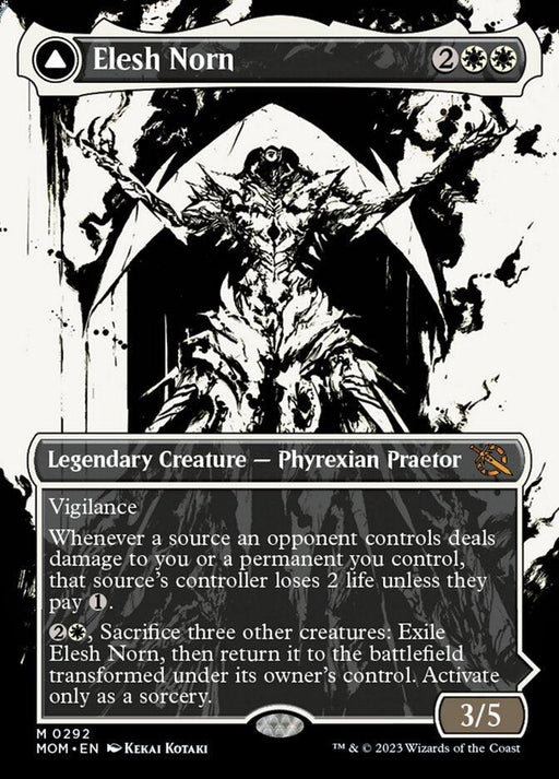 The image is an Elesh Norn // The Argent Etchings (Showcase Planar Booster Fun) [March of the Machine] Magic: The Gathering card. It features a dark, menacing Phyrexian Praetor with raised arms and intricate armor. This Mythic Rarity card's text box describes its abilities, including vigilance and a life-loss effect for opponents. It also has a mana cost, artist credit, and legal information at the bottom.