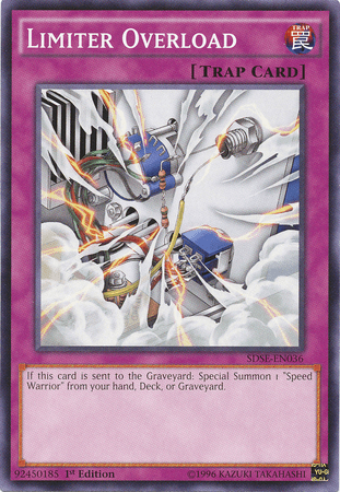 The "Limiter Overload [SDSE-EN036] Common" Yu-Gi-Oh! Trap Card, part of the Synchron Extreme Structure Deck, features an image of an explosion releasing mechanical parts, with a metal capsule breaking open at the center. The card has purple borders, and its ID is SDSE-EN036. Text at the bottom describes its effect and requirements.