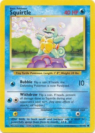 A Squirtle (63/102) [Base Set Unlimited] Pokémon card with a blue border. Squirtle is depicted standing on a rock surrounded by bubbles. It has 40 HP and details its moves: "Bubble" (10 damage, may paralyze) and "Withdraw" (may prevent damage to Squirtle in the opponent's next turn). The card has a water symbol for its type and is
