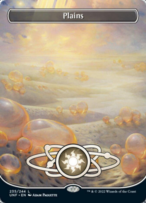 A trading card titled "Plains (235) (Planetary Space-ic Land) [Unfinity]" from the Magic: The Gathering series. This Basic Land card features a surreal landscape bathed in golden light, with various glowing bubbles scattered across the terrain. At the bottom center, an atom-like sun emblem connects to Unfinity's distinctive artwork style.