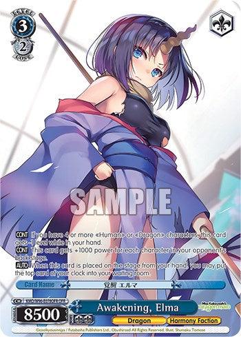 A trading card featuring Elma from Miss Kobayashi's Dragon Maid, showcasing her violet hair, blue and purple horns, and dressed in a black bikini top and purple wrap. Set against a blue, cloudy background, "Awakening, Elma [Miss Kobayashi's Dragon Maid]" by **Bushiroad** boasts stats: level 3, cost 2, soul 2, power 8500. The Over-Frame Rare card details various