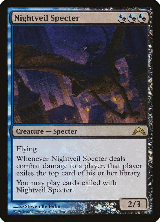 A Magic: The Gathering card titled "Nightveil Specter (Buy-A-Box) [Gatecrash Promos]," part of the Gatecrash Promos set. It features an illustration of a ghostly, blue-tinted Creature Specter flying over a dimly lit, gothic cityscape. The card text describes its abilities, including flying and the power to exile and play top cards from an opponent's library.