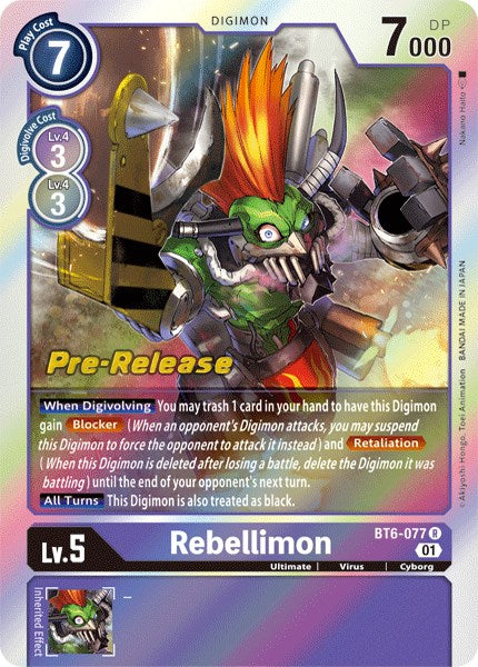 This exclusive Rebellimon [BT6-077] card from the Digimon Double Diamond Pre-Release collection features a cyborg character with distinctive spiky red and yellow hair, a mechanical arm, and shield. It belongs to Level 5 with a play cost of 7 and 7000 DP, offering abilities like 