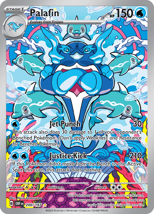A colorful Pokémon card from Scarlet & Violet: Obsidian Flames features a Water Type **Palafin (200/197) [Scarlet & Violet: Obsidian Flames]** with 150 HP. The background is a vibrant, psychedelic swirl of colors. Moves include "Jet Punch" and "Justice Kick." Text and stats are detailed around the Illustration Rare card with holographic accents and a watermark at the bottom.

