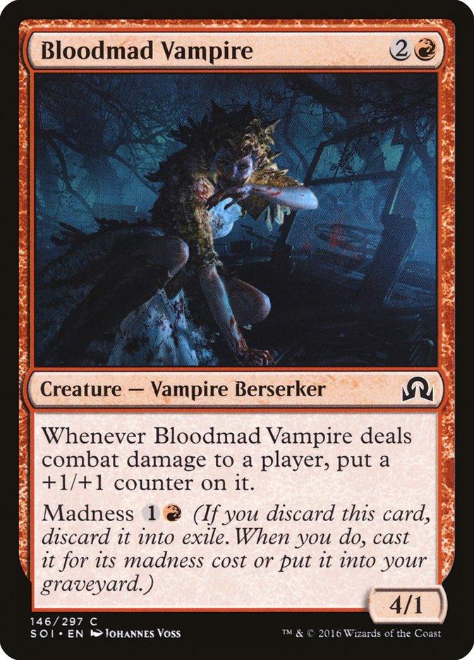 The "Bloodmad Vampire" card from the Shadows over Innistrad set of Magic: The Gathering showcases a formidable Vampire Berserker. With a power/toughness rating of 4/1, the card requires 2 generic mana and 1 red mana to play and comes with abilities linked to combat damage and madness. The red border emphasizes its aggressive, red-aligned nature.