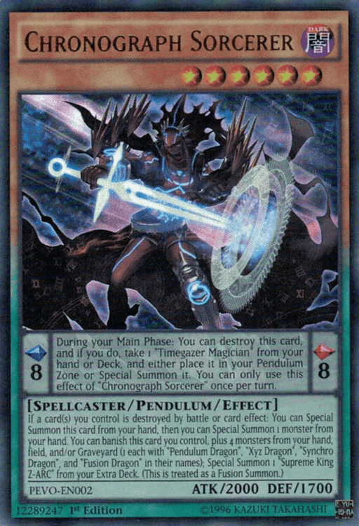 An image of the Yu-Gi-Oh! card "Chronograph Sorcerer [PEVO-EN002] Ultra Rare." It features a dark-themed sorcerer wielding a glowing hourglass in one hand. The card boasts a blue background with text detailing its Pendulum/Effect Monster attributes, including ATK 2000, DEF 1700, and pendulum scales of 8.