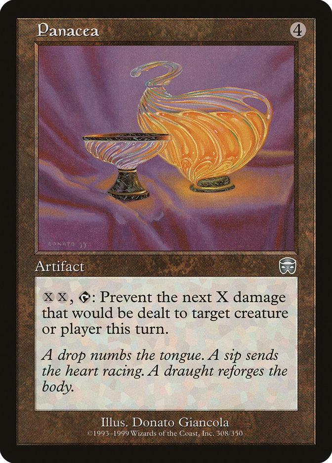 Here's a rewritten version of the sentence using the product data:

The Magic: The Gathering Mercadian Masques card titled Panacea features artwork depicting two glass goblets, one small and purple, the other large and orange. As an uncommon artifact with a mana cost of 4, its ability reads, “X,X, tap: Prevent the next X damage that would be dealt to target creature or player this turn.”