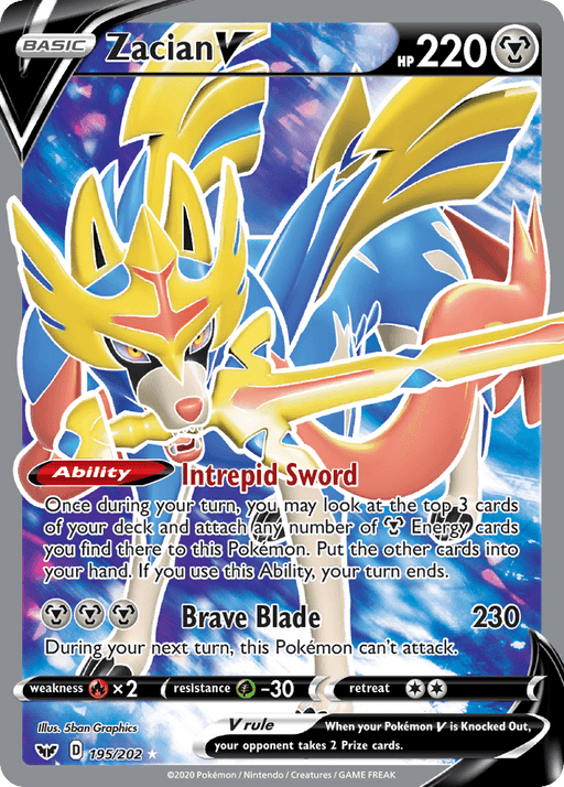A Pokémon card featuring Zacian V (195/202) [Sword & Shield: Base Set] from the Pokémon series. This Ultra Rare card has 220 HP and depicts Zacian in a dynamic pose, holding a sword in its mouth. As a Metal type, it boasts the "Intrepid Sword" ability and "Brave Blade," dealing 230 damage. Weaknesses and other attributes are displayed at the bottom.