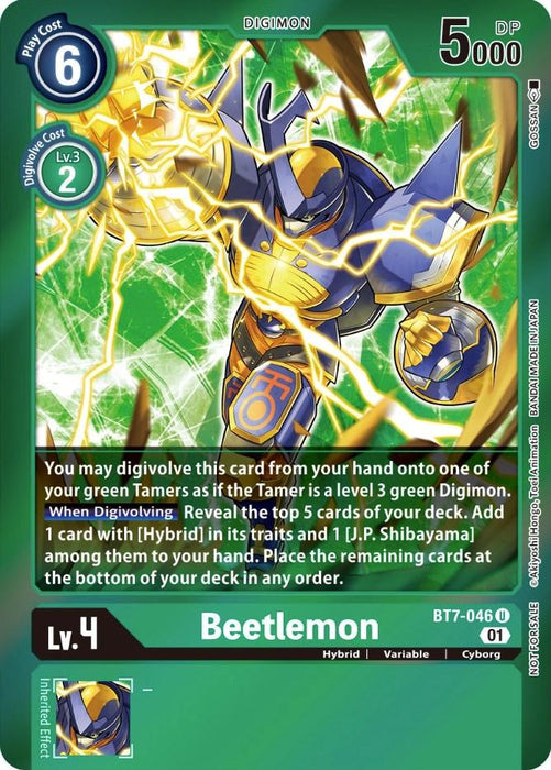 A Digimon trading card featuring Beetlemon [BT7-046] (Event Pack 3) [Next Adventure Promos]. The card displays detailed artwork of the Hybrid Digimon in blue and gold armor, with a clenched fist forward. The promo card's stats include a play cost of 6, 5000 DP, and level 4. Additional stats and abilities are listed in green text boxes.