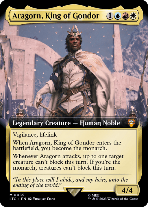 A Magic: The Gathering card titled "Aragorn, King of Gondor (Extended Art) [The Lord of the Rings: Tales of Middle-Earth Commander]," a legendary creature, Human Noble from the Lord of the Rings. Abilities include vigilance, lifelink, and effects when attacking or entering the battlefield, making you the monarch. Ideal for Middle-Earth Commander decks. Costs one white, one blue, one red, and one colorless mana. Power/Tough