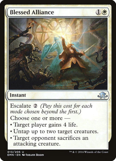 A Magic: The Gathering card named "Blessed Alliance [Eldritch Moon]" from the Magic: The Gathering set depicts a glowing figure casting bright light, surrounded by shadowy figures reeling back. This instant card includes mechanics: Escalate (2), Choose one or more - Target player gains 4 life; Untap up to two target creatures; Target opponent sacrifices an attacking creature.