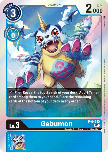 This Digimon promotional card, Gabumon [P-042], highlights the blue and white digital monster featuring a horn, large eyes, and a yellow scarf. As a Level 3 Tamer card, it includes stats such as a play cost of 3 and 2000 DP. The vibrant backdrop of clouds and trees enhances its distinct abilities.