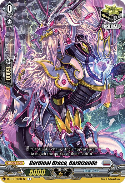 Here's a rewritten version of the sentence using the given product data:

A card from the "Vanguard" game by Bushiroad, featuring "Cardinal Draco, Barbizonde (D-BT01/088EN)" from the Genesis of the Five Greats collection. This dragon-like creature is adorned with metallic armor and neon accents, and has large wings. It boasts a power of 5000 and a critical of 1. The background showcases vibrant futuristic elements in pink and purple hues.