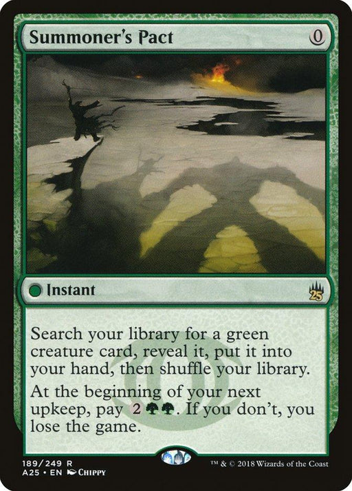 A Magic: The Gathering card titled "Summoner's Pact [Masters 25]." It has a green border, costs 0 mana, and is an Instant. The illustration depicts a rocky, fiery landscape with shadowy pillars. Text reads: Search your library for a green creature card, reveal it, put it into your hand, then shuffle. Pay 2G2C on next upkeep or lose