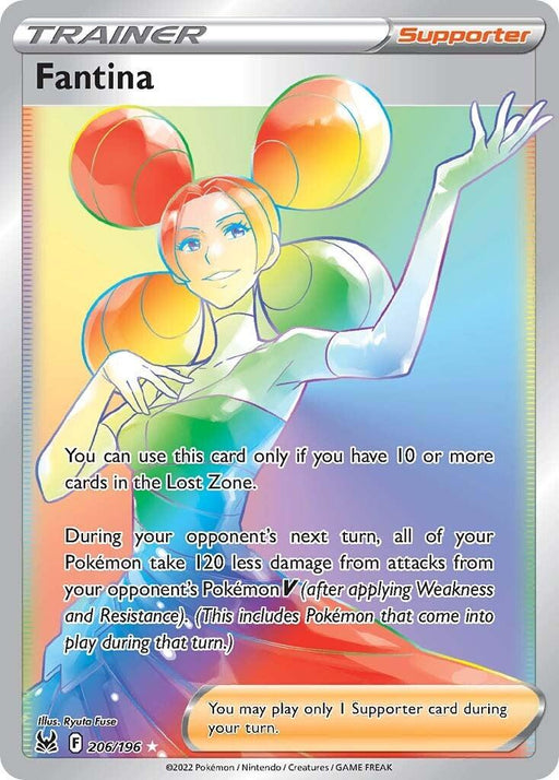 A Pokémon Fantina (206/196) [Sword & Shield: Lost Origin] from the Lost Origin series featuring Fantina, a Trainer Supporter. Fantina has colorful hair styled in three large, round puffs. The card details her abilities, including reducing Pokémon damage if 10 or more cards are in the Lost Zone. An orange and blue background enhances her vibrant depiction.