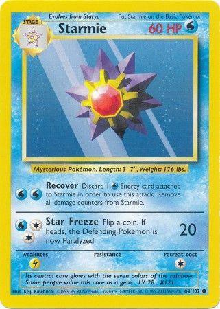 A Pokémon Starmie (64/102) [Base Set Unlimited] card from the Base Set Unlimited. The card has a blue border with an image of Starmie, resembling a star with a red gem core. As a Water type with 60 HP, it has two moves: "Recover" and "Star Freeze," dealing 20 damage. The common card's text details its abilities and stats.