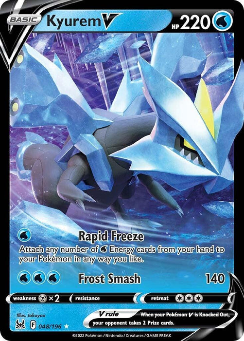 The image shows a Pokémon Kyurem V (048/196) [Sword & Shield: Lost Origin] trading card with 220 HP from the Lost Origin series. Illustrated by kawayoo, the card features a black border and blue accents. Kyurem, the dragon-like creature made of ice, has moves like "Rapid Freeze" and "Frost Smash," dealing 140 damage.