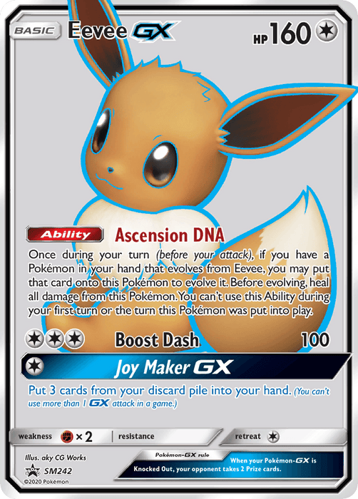 The image is of a Pokémon trading card featuring "Eevee GX (SM242) [Sun & Moon: Black Star Promos]" from Pokémon. It has 160 HP and a foil background. The card showcases an illustration of Eevee with large ears and a fluffy tail. Notable details include the Ascension DNA ability, the Boost Dash attack, and the Joy Maker GX move.