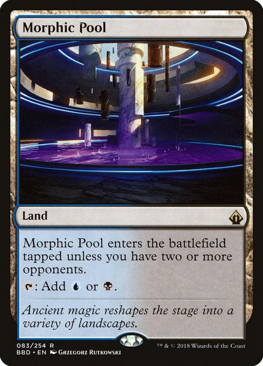 The image is of a Magic: The Gathering trading card named "Morphic Pool [Battlebond]," featured in the Battlebond set. It is a land card that reads, "Morphic Pool enters the battlefield tapped unless you have two or more opponents." The artwork showcases a glowing pool in an otherworldly, futuristic setting with floating structures.