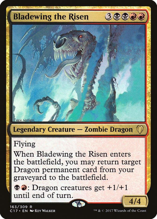 Image of a Magic: The Gathering card named Bladewing the Risen [Commander 2017] from Magic: The Gathering. It features a Legendary Creature Zombie Dragon with gray, undead scales, wings, and a menacing expression. The card text describes its abilities: reviving Dragons from the graveyard and boosting their power and toughness.