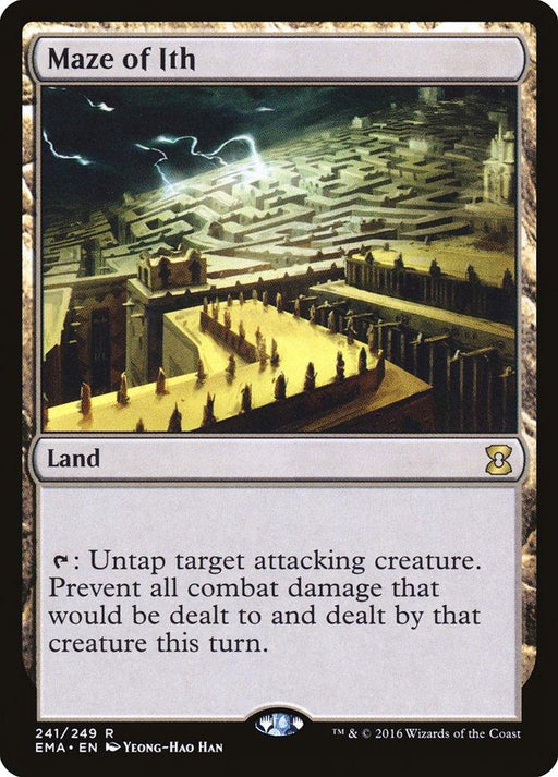 Image of the rare Magic: The Gathering card "Maze of Ith [Eternal Masters]" from the Magic: The Gathering set. The card features an intricate maze illuminated by lightning in the background. It's a land card with the ability to untap an attacking creature and prevent all combat damage that would be dealt to and by that creature this turn.