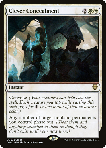 The image shows a Magic: The Gathering card titled "Clever Concealment [Phyrexia: All Will Be One Commander]," featured in Phyrexia: All Will Be One. It is an instant spell card with a mana cost of 2 white and 2 generic mana. The card has the Convoke ability and allows you to make any number of nonland permanents you control phased out. The art by Alexey Krug