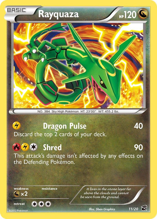 A Rayquaza Pokémon card featuring a green dragon-like creature with red and yellow highlights. This Black & White: Dragon Vault promo includes an HP of 120, Dragon Pulse and Shred attacks, with stats indicating it is 23'00" tall and weighs 455.2 lbs. Illustrated by 5ban Graphics, it's labeled Rayquaza (11/20) (Blister Exclusive) [Black & White: Dragon Vault] from the Pokémon brand.