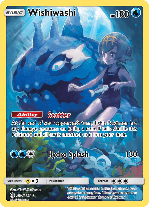 A Pokémon Wishiwashi (240/236) [Sun & Moon: Cosmic Eclipse] trading card from the Sun & Moon series, featuring Wishiwashi in its School Form. With a HP of 180 and moves Scatter and Hydro Splash, the Cosmic Eclipse Secret Rare card showcases an underwater scene with Wishiwashi swimming around. Art by Mitsuhiro Arita.