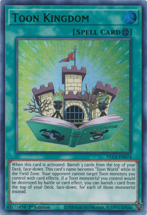 A Yu-Gi-Oh! trading card titled "Toon Kingdom (Green) [DLCS-EN074] Ultra Rare." The card features an illustration of a whimsical, small castle with turrets and flags, emerging from an open storybook. As a Field Spell from the Dragons of Legend series, it boasts a green border and details its effect in English, perfect for boosting your Toon monsters.