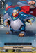 A trading card featuring "Army Penguin (V-EB08/042EN) [My Glorious Justice]," a character from the Dimension Police, wearing blue and silver armor adorned with a red scarf. In an action pose with a raised, armored flipper, the card displays stats: "5000 Power" and "1 Critical." Caption reads: "Empty stomachs are nonsense when I'm around! This collectible item is produced by Bushiroad.