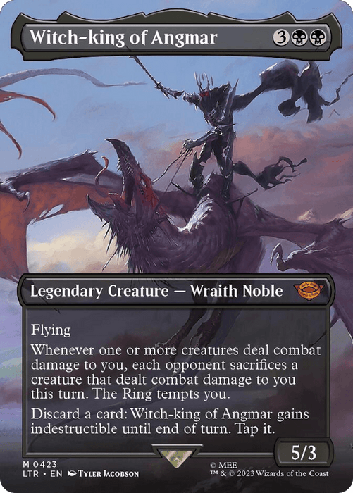 The image displays a Magic: The Gathering card titled "Witch-king of Angmar (Borderless Alternate Art) [The Lord of the Rings: Tales of Middle-Earth]." This Legendary Creature from The Lord of the Rings features a dark, menacing figure riding a winged creature against a stormy sky. It has a mana cost of 3 generic, 2 black; Flying, Power/Toughness 5/3, and detailed abilities in the text box.