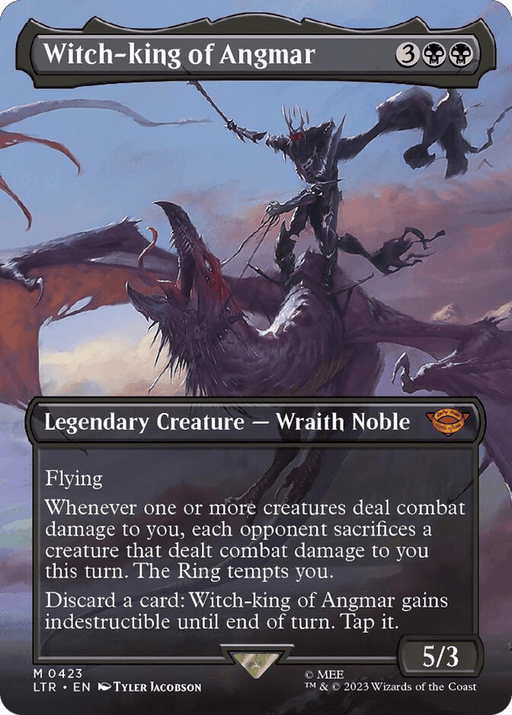 The image displays a Magic: The Gathering card titled "Witch-king of Angmar (Borderless Alternate Art) [The Lord of the Rings: Tales of Middle-Earth]." This Legendary Creature from The Lord of the Rings features a dark, menacing figure riding a winged creature against a stormy sky. It has a mana cost of 3 generic, 2 black; Flying, Power/Toughness 5/3, and detailed abilities in the text box.