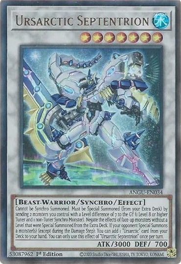 The "Ursarctic Septentrion (Collector's Rare) [ANGU-EN034]" from the Yu-Gi-Oh! brand is a powerful Synchro/Effect Monster card in the Collector's Rare category, originally part of the Ancient Guardians set. This card presents a striking blue and white beast-warrior adorned with luminous accents, offering an impressive 3000 ATK and 700 DEF, with detailed summoning conditions and effects pertaining to the Beast-Warrior category.