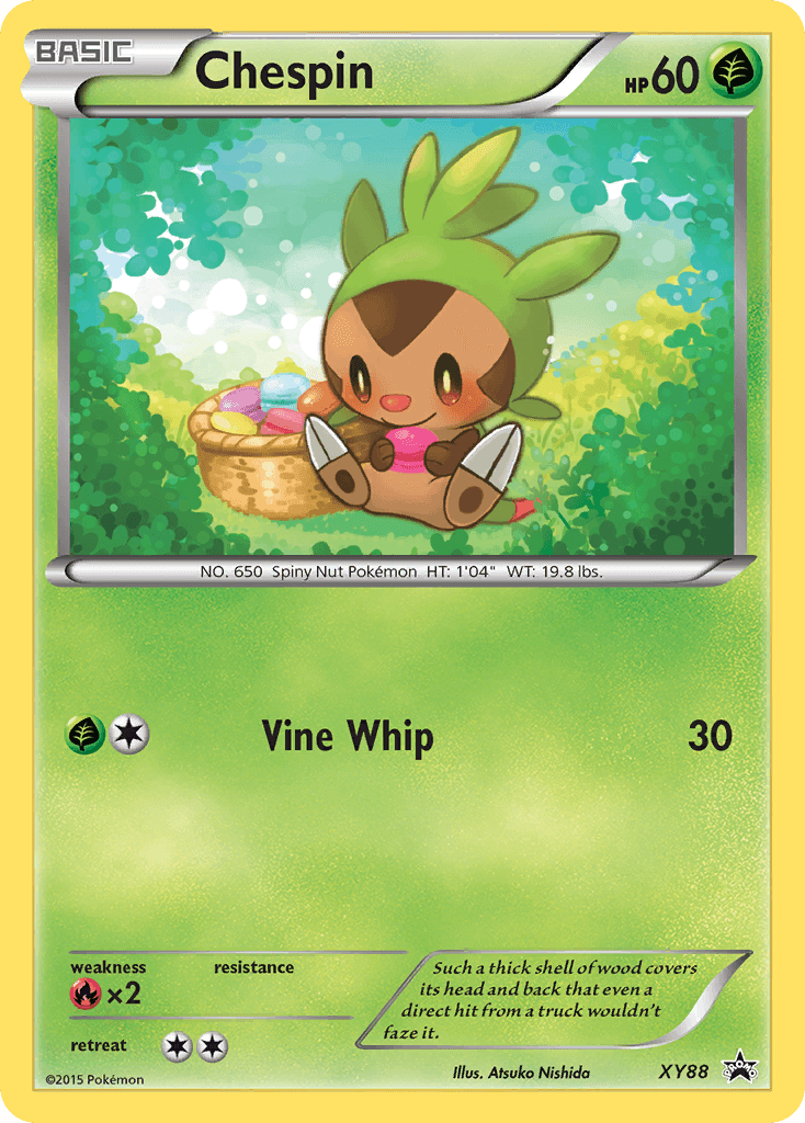 A Pokémon trading card featuring Chespin, a small, brown, green-capped Pokémon holding berries in both paws. Chespin sits in front of a basket filled with various berries. The card, part of the Black Star Promos series and numbered XY88, displays 