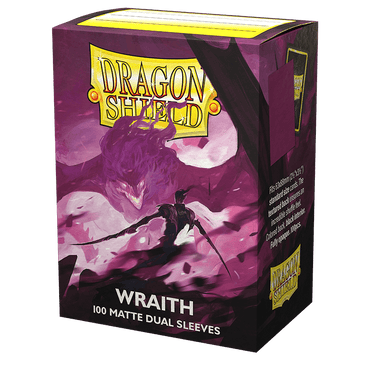 The image shows a box of Dragon Shield: Standard 100ct Sleeves - Wraith (Dual Matte) by Arcane Tinmen. The box features vibrant artwork of a menacing, purple wraith in a dynamic pose against a smoky, ethereal background. Text on the box provides product details and specifications for TCGs enthusiasts.