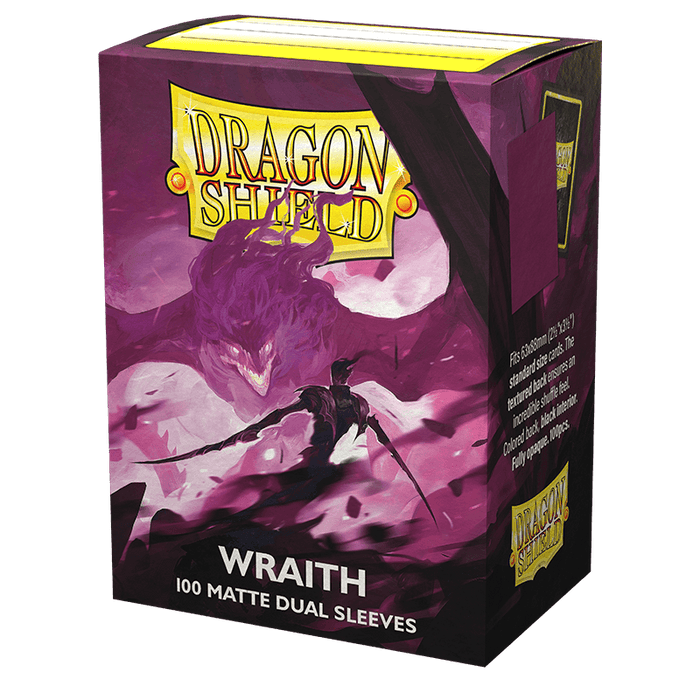 The image shows a box of Dragon Shield: Standard 100ct Sleeves - Wraith (Dual Matte) by Arcane Tinmen. The box features vibrant artwork of a menacing, purple wraith in a dynamic pose against a smoky, ethereal background. Text on the box provides product details and specifications for TCGs enthusiasts.