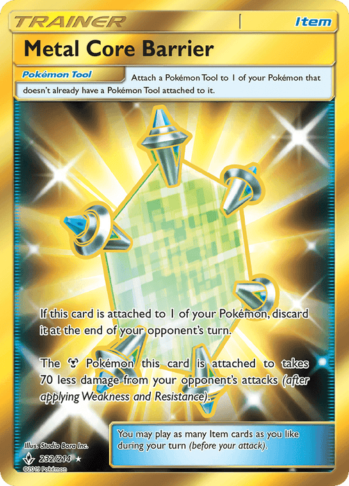 The "Metal Core Barrier (232/214) [Sun & Moon: Unbroken Bonds]" Pokémon card from the Sun & Moon: Unbroken Bonds set is primarily gold and features a green shield adorned with metallic spikes. This Secret Rare Item reduces damage taken by 70 after application and must be discarded at the end of the opponent's turn.