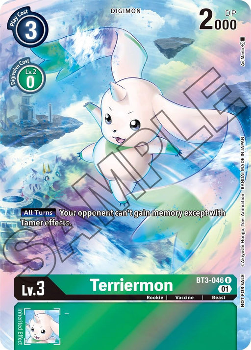 Meet Terriermon [BT3-046] from the Tamer's Card Set 1, a Rookie-level Digimon card featured in the Release Special Booster Promos by Digimon. This charming creature with long ears floats against a vibrant, ethereal backdrop. The card has a play cost of 3, 2000 DP, and a Digivolve cost of 0 from Lv.2. Its inherited effect prohibits your opponent from gaining memory except through Tamer effects.