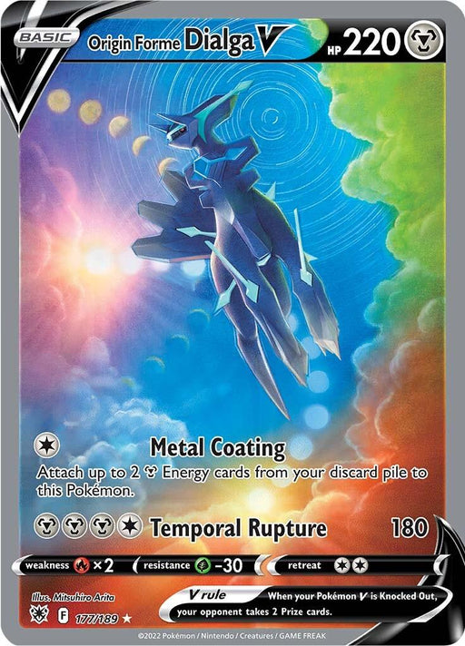 A Pokémon Origin Forme Dialga V (177/189) [Sword & Shield: Astral Radiance] trading card. The card has a HP of 220 and depicts Dialga with a glowing, cosmic background. With moves "Metal Coating" and "Temporal Rupture," it boasts vibrant colors, holographic effects, and is classified as Ultra Rare.