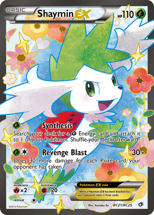 A Pokémon trading card from the Legendary Treasures series features Shaymin EX, a Grass-type Pokémon with 110 HP. It showcases Shaymin's moves: "Synthesis" and "Revenge Blast." This Ultra Rare card has vibrant artwork with floral elements, a yellow star symbol, and shows Shaymin in a dynamic pose. The product is officially called "Shaymin EX (RC21/RC25) [Black & White: Legendary Treasures]" by Pokémon.
