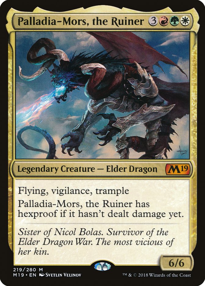 In Magic: The Gathering, the product "Palladia-Mors, the Ruiner [Core Set 2019]" features a multicolored Elder Dragon with flying, vigilance, trample, and hexproof. Showcasing formidable 6/6 stats, its wings spread wide amidst swirling mist as a curled tail unfurls.