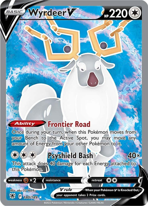 A Pokémon Wyrdeer V (180/189) [Sword & Shield: Astral Radiance] card with a silver border. Wyrdeer is depicted as a white, deer-like creature with golden antlers. The Ultra Rare card has 220 HP and features the ability "Frontier Road" and the move "Psyshield Bash." It is part of the Sword & Shield Astral Radiance series, marked as card number 180/189 by Pokémon.