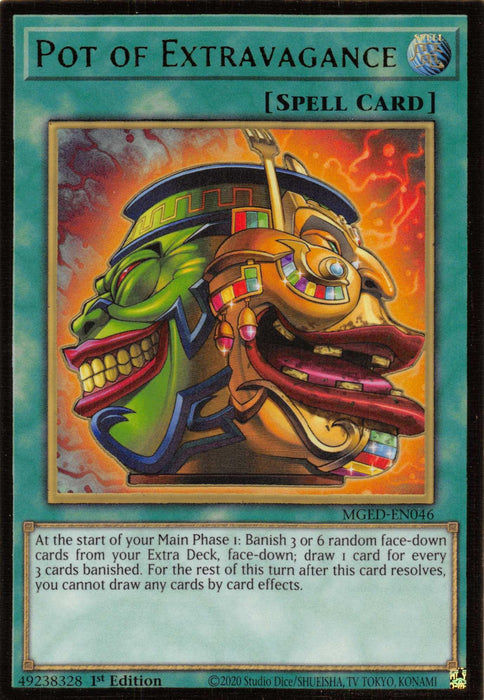 An image of the "Pot of Extravagance [MGED-EN046] Gold Rare" Yu-Gi-Oh! Spell Card from Maximum Gold: El Dorado. This Gold Rare card features colorful artwork of two opposing faces, one green and one orange, atop an ornate pot. The card text details its effect: banishing 3 or 6 cards from the Extra Deck to draw 1 or 2 cards. It is