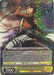 A trading card features Eren Yeager from "Attack on Titan." Eren is in mid-action, wearing his scout regiment uniform with a harness and twin blades drawn. The background is a mix of dark and holographic colors. Text details his abilities and stats at the bottom, with the card name "Beyond the Walls" Eren (AOT/S35-E001 RR) [Attack on Titan]. This Double Rare character card from Bushiroad is a must-have for fans.